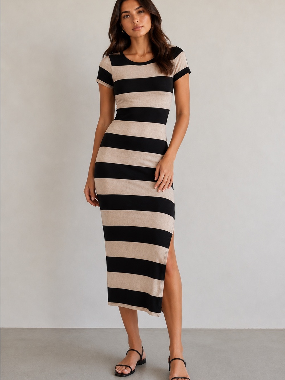 U2K style Striped Short-Sleeve Maxi Dress in Black and Tan